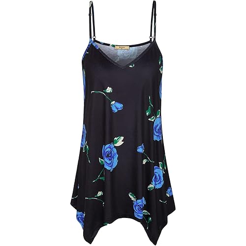 Miusey Womens Handkerchief Hem Sleeveless Flowy Tunic Tops Summer Casual Adjustable Spaghetti Strap Camisoles Long Tank Tops