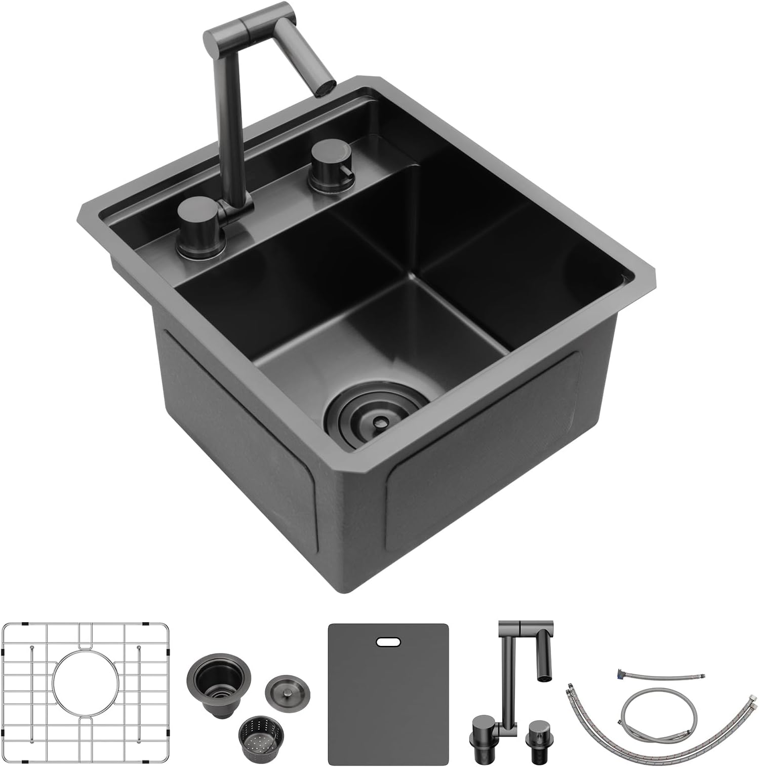 15 x 17 Inch Outdoor Sink Black Undermount RV Sink Workstation NANO PVD 16 Gauge Stainless Steel Single Bowl Handmade Outdoor Kitchen Sinks With Folding Faucet 15"x17"x9"