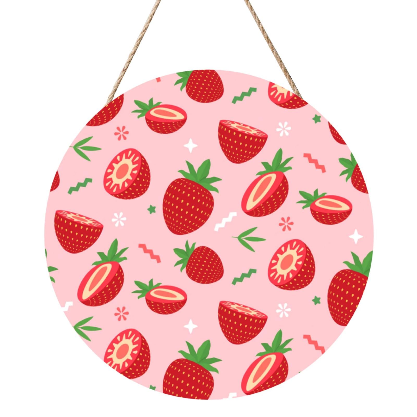 InOmak Strawberry On Pink, Round Wood Panel Painting 12 in, Wall Hanging Painting For Home