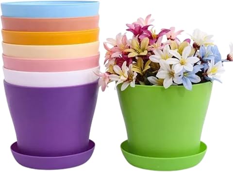 10 Pcs 5.5'' Plant Pots and Saucers Colourful Plastic Flower Pots with Drip Trays Indoor Plant Pots with Pallet for House Office Decoration8 colour, 14cm