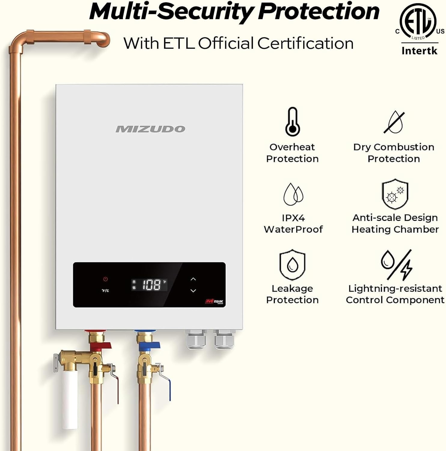MIZUDO Tankless Water Heater with Multi-Security Protection features