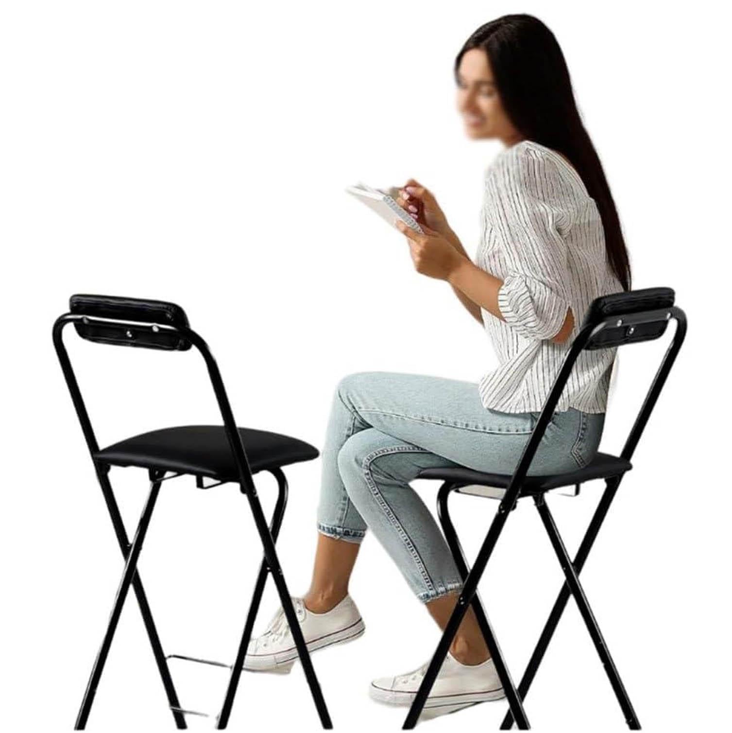 Silla de taburete plegable acolchado asiento 26in, 65cm taburete plegable de barra con respaldo y reposapiés, 65cm negro plegable marco de metal cocina silla alta para cafetería, bistro,Black