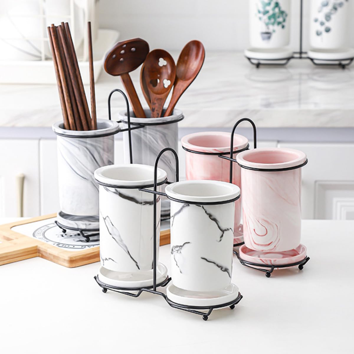 Alasum Support à Baguettes en Céramique Blanc Égouttoir, Rangement Facile et Design Simple pour Accessoires la Cuisine la Maison
