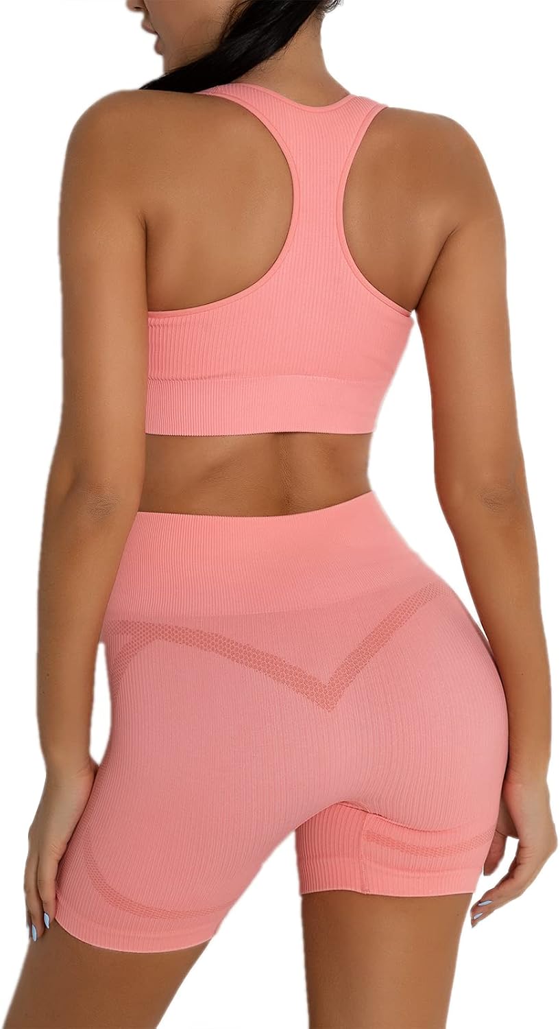 DADAB Workout Sets Two Piece Outfits for Women Clothes Gym Yoga Seamless Racerback Sports Bra Tank Tops with Biker Shorts
