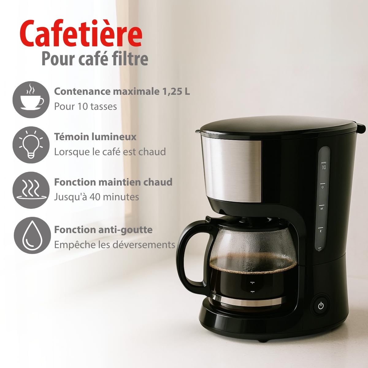 alpina Cafetière à Filtre 750 W - Machine à Café avec Filtre Permanent - Verseuse en Verre 1,25 L - Jusqu'à 10 Tasses - Anti-Goutte et Maintien au Chaud - Noir