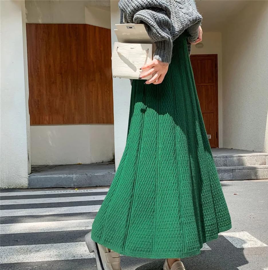 Women Winter Casual Knit Skirt High Waist Pleated A-Line Flared Midi Skirt3