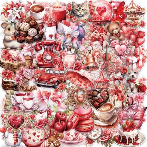 50 Pcs Red Valentine's Day Waterproof Clear Stickers - Romantic Mother's Day Decorative Stickers with Hearts, Roses, Love Elements for Scrapbooking, Journals, Art Crafts, Gifts