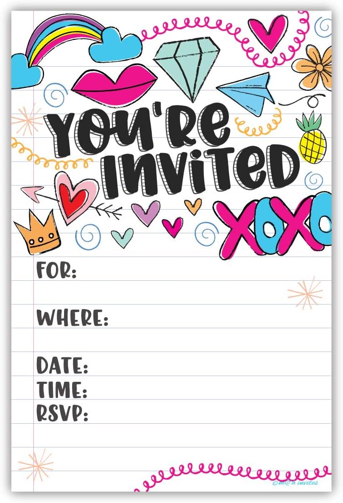Fun Girl Doodles Invitations (20 Count) with Envelopes - Pre Teen - Tween Birthday Invitations