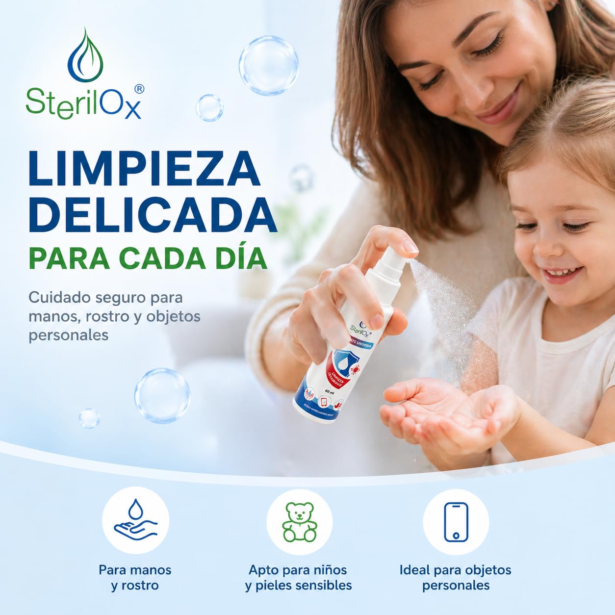 Spray 3 x 60 ml – Solución Cosmética con Ácido Hipocloroso | Para Manos, Juguetes, Utensilios y Objetos | Seguro para Niños y Mascotas – Sin Alcohol ni Perfume