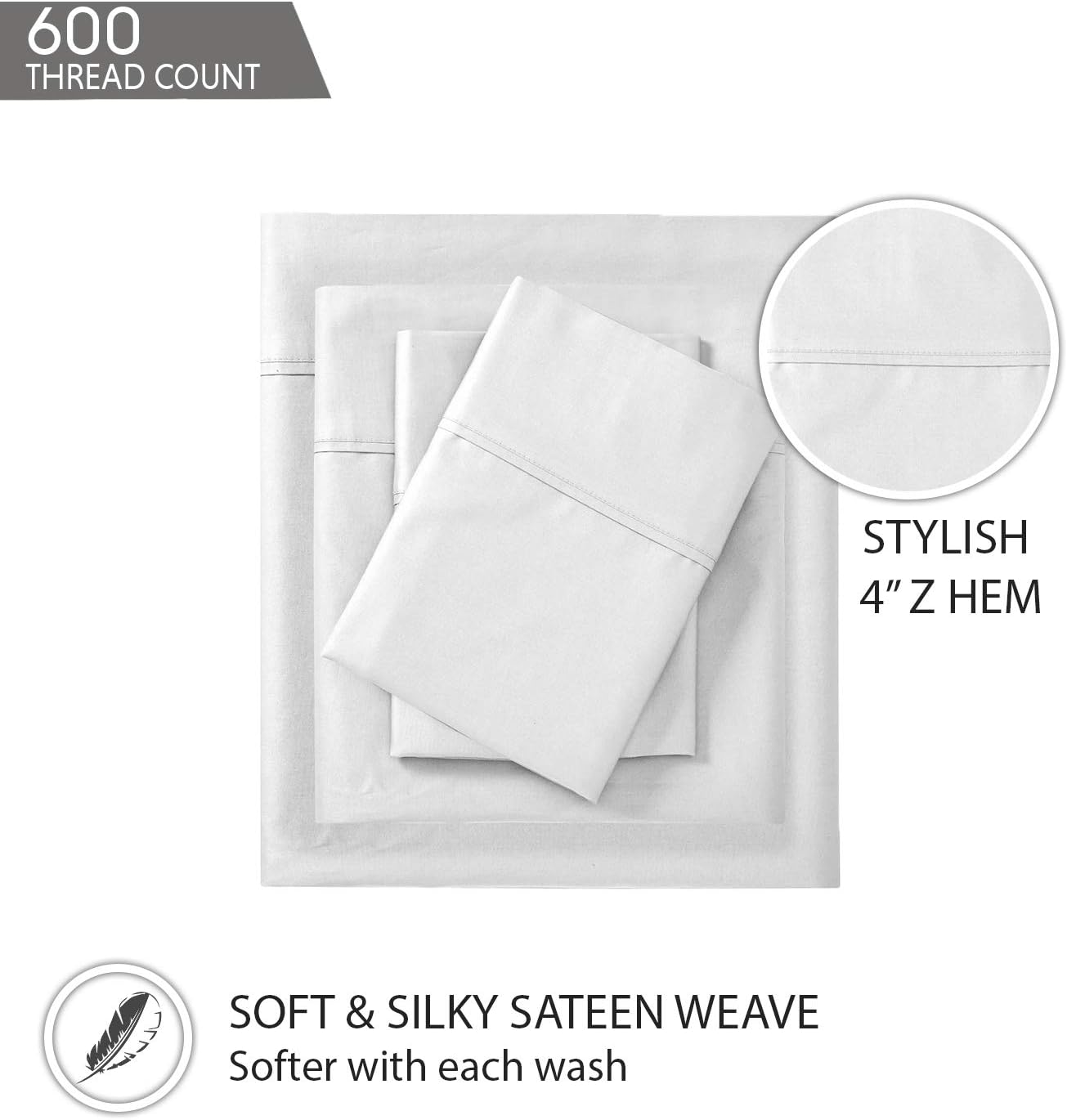 600 Thread Count Luxury Sheet Set, 100% Pure Cotton Sheets, Breathable, Soft & Silky Sateen Weave, Fits Mattress Upto 17" Deep Pocket, 4 Piece Bed Sheets Set - (King, White)