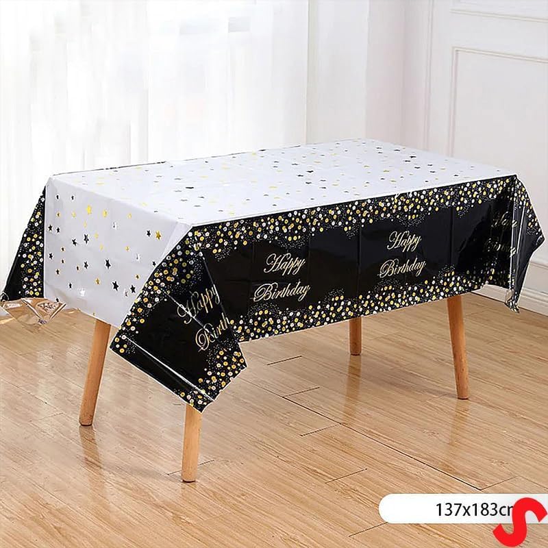Amfin 54 x 72 Inch Happy Birthday Printed Metallic Foil Disposable Table Cover, Tablecloth for Party, Birthday Decoration. Waterproof, Shiny Finish - Black [Pack of 1] - Image 5 thumbnail