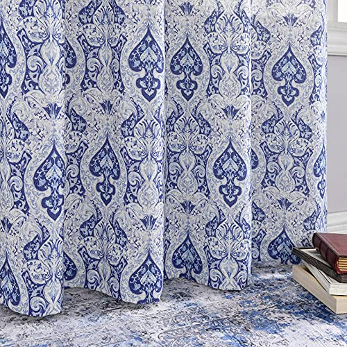 Jinchan Medallion Linen Curtains For Living Room Curtain Panels Flax Retro Print Linen Blend Damask Curtains For Bedroom Window Panels 95" Blue Drapes 1 Pair #TOP6
