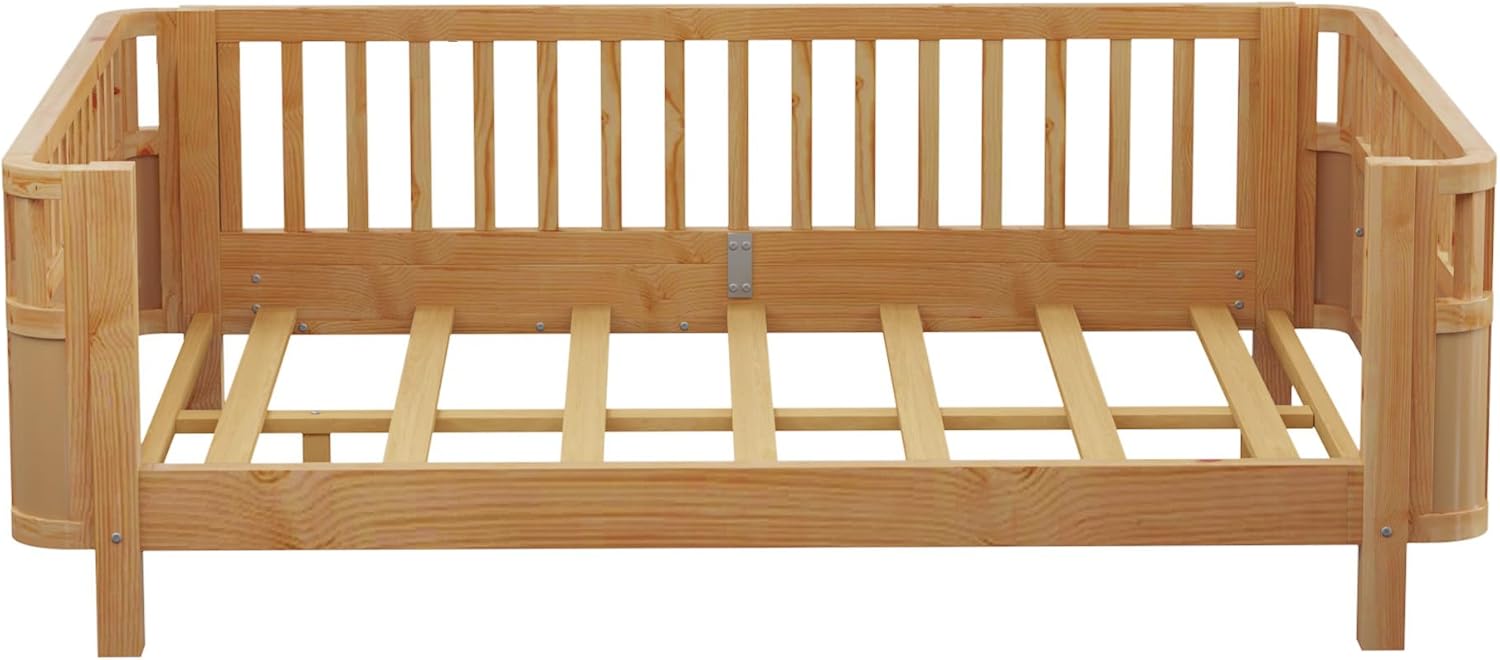 Full Size Wood Platform Bed Frame for Kids, Low Profile Daybed with Removable Side Rails and Slats Support, Montessori Bed for Girls and Boys Bedroom Living Room (Natural-03, Full)