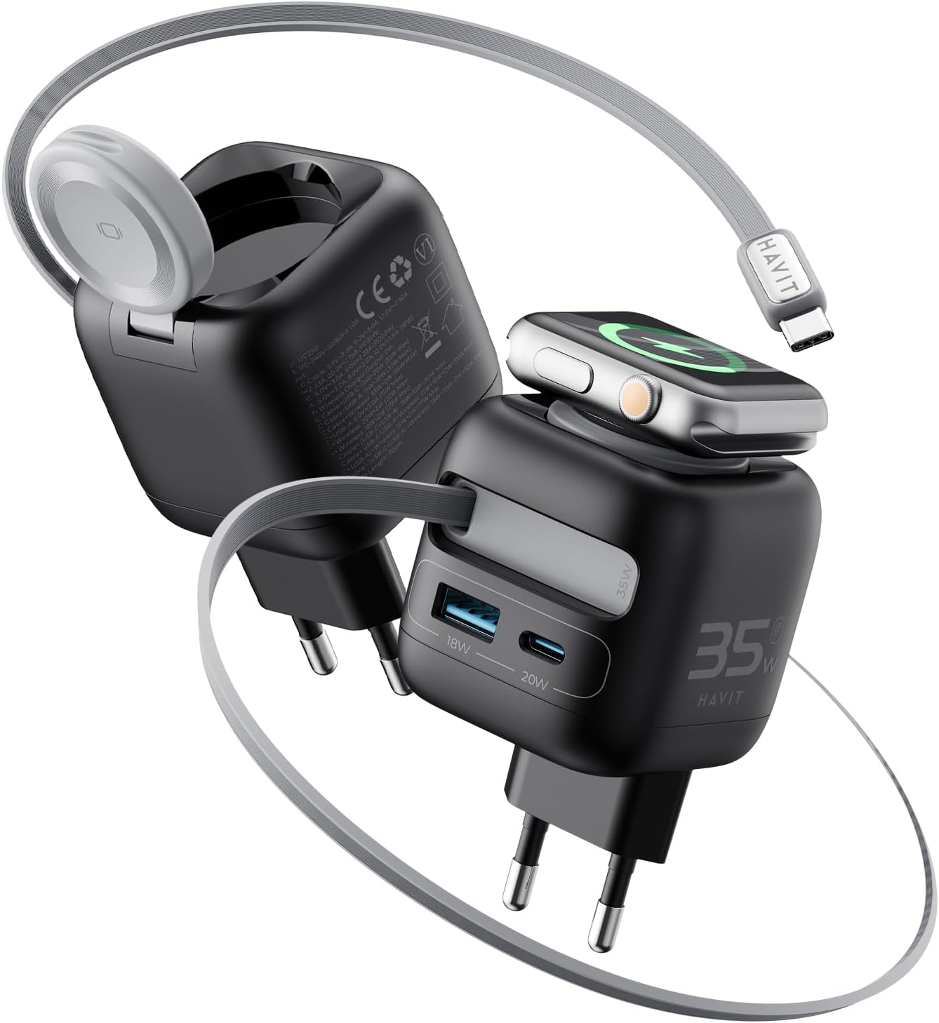 havit 35W USB-C Ladegerät mit Einziehbarem Kabel 4-Port GaN Netzteil Retractable Charger mit Ladekabel für Apple Watch Ultra/10/9/SE Serie, iPhone 16/15, iPad, Tablet, Galaxy S-A Serie - Amazon product rated Grade B