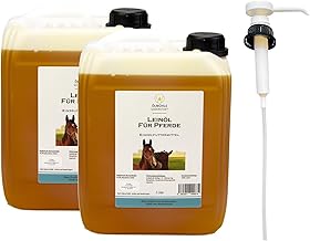 Leinöl für Pferde, stets frisch 10 Liter (2x5l) Kanister incl. Einer Dosierpumpe, naturbelassen, reich an Omega3, ideal für den Fellwechsel