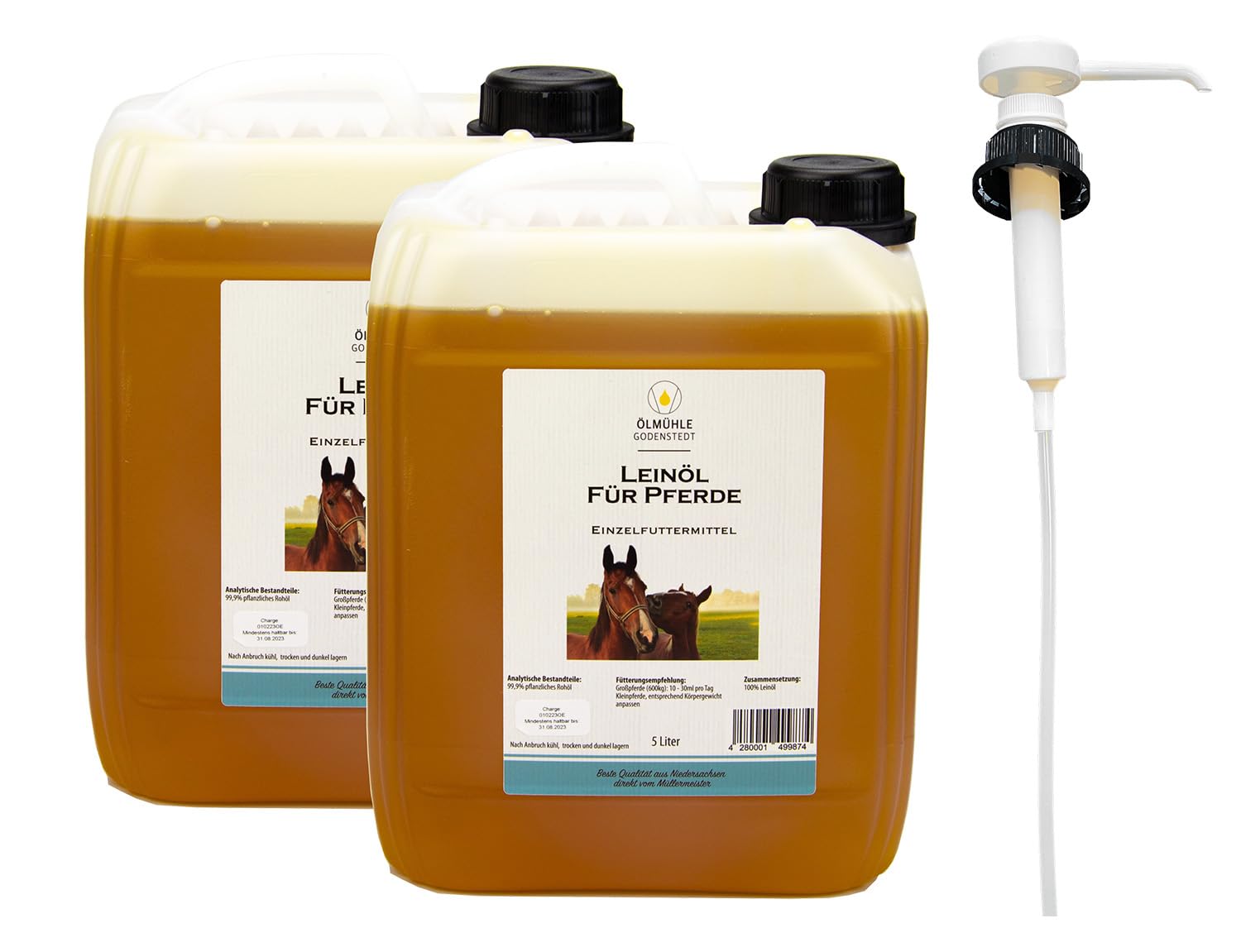 Leinöl für Pferde, stets frisch 10 Liter (2x5l) Kanister incl. Einer Dosierpumpe, naturbelassen, reich an Omega3, ideal für den Fellwechsel