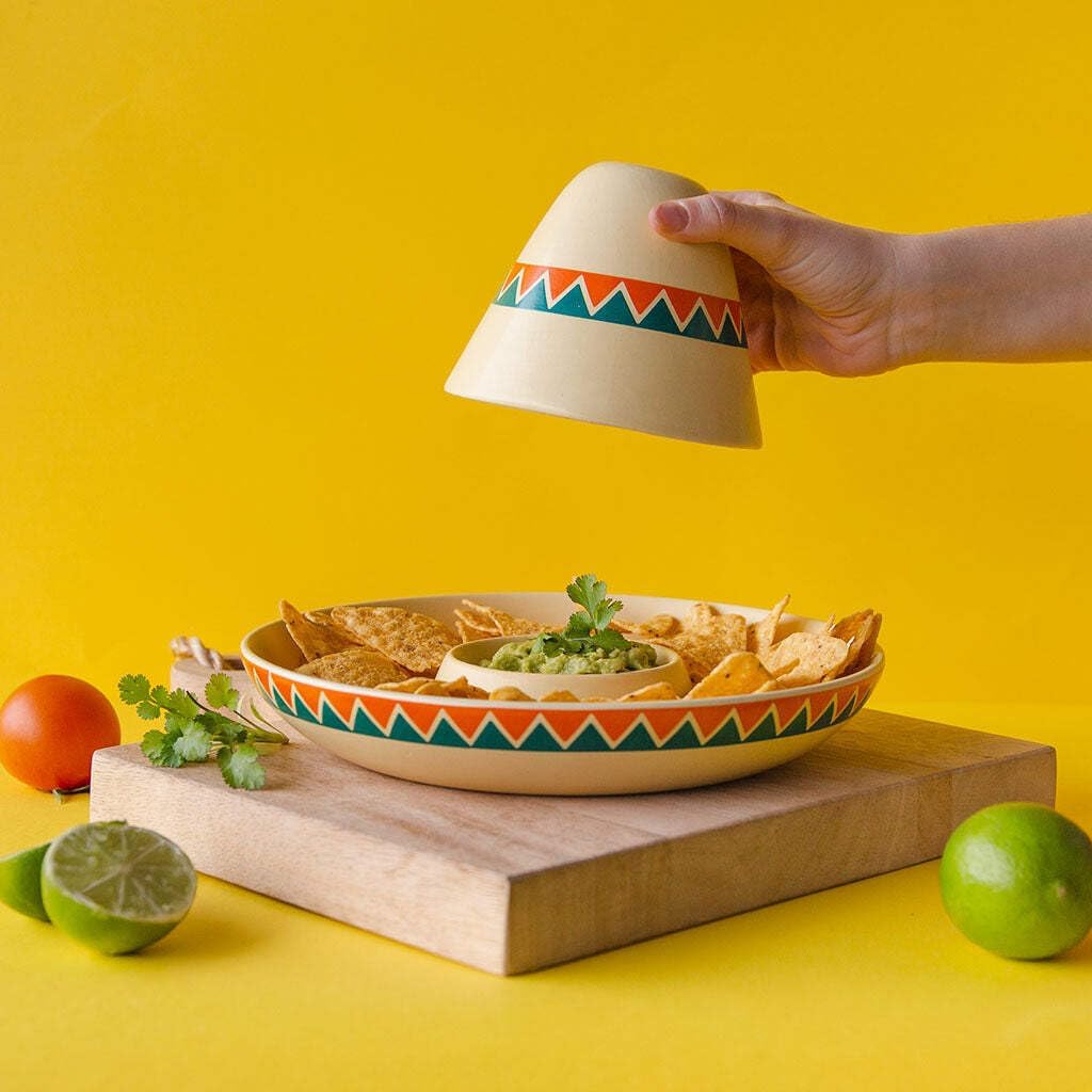 Balvi Mexican Chip and Dip Platter: Hand-painted Ceramic, Tropical Style, Sombrero Pattern, Large Size, Glossy Finish, Reusable, Ideal for Party Appetizers and Snacks