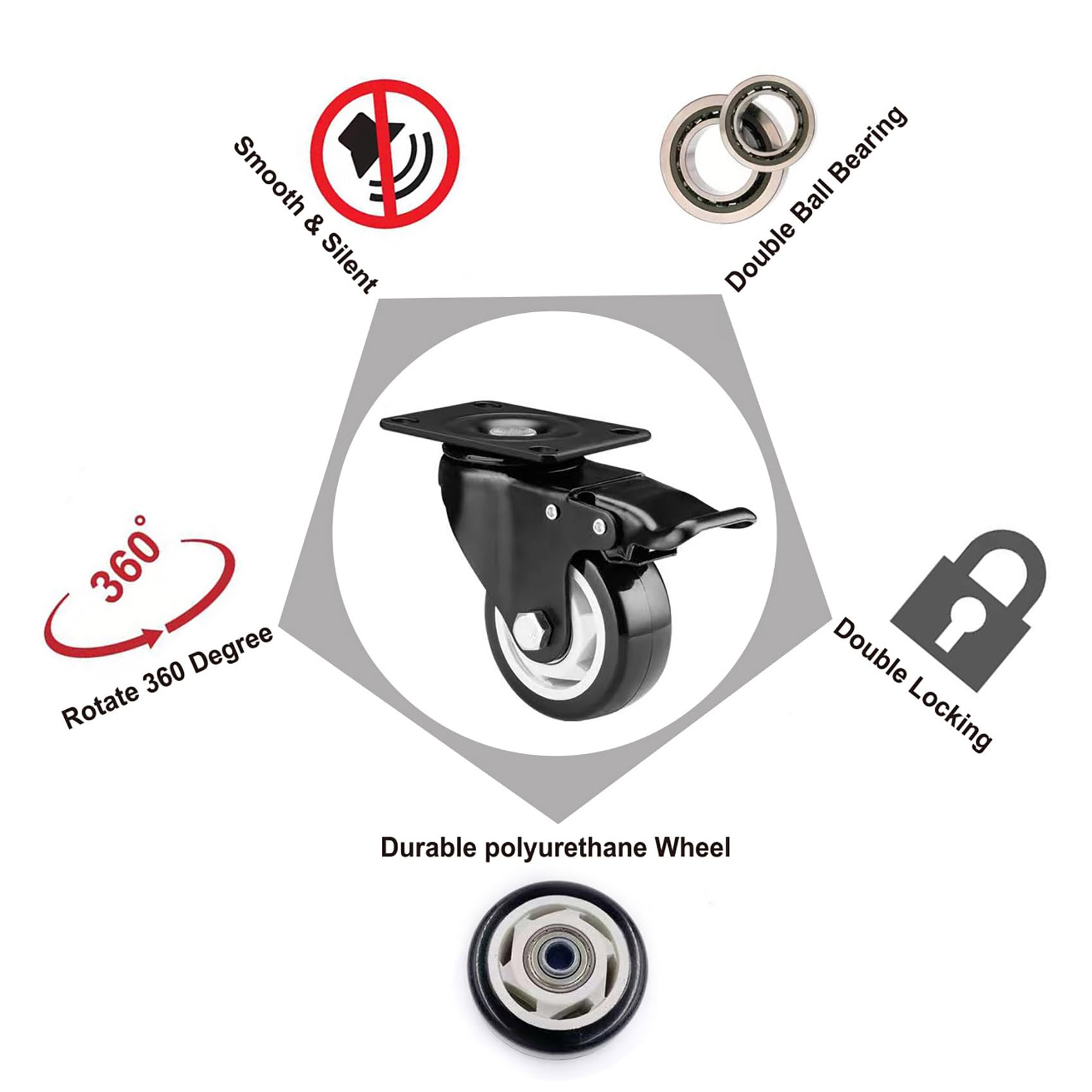 Ruedas, ruedas giratorias de 3 pulgadas, juego de 4 ruedas de alta resistencia – Ruedas de bloqueo CLOATFET con freno (placa superior), ruedas negras que no dejan marcas para carrito muebles banco de