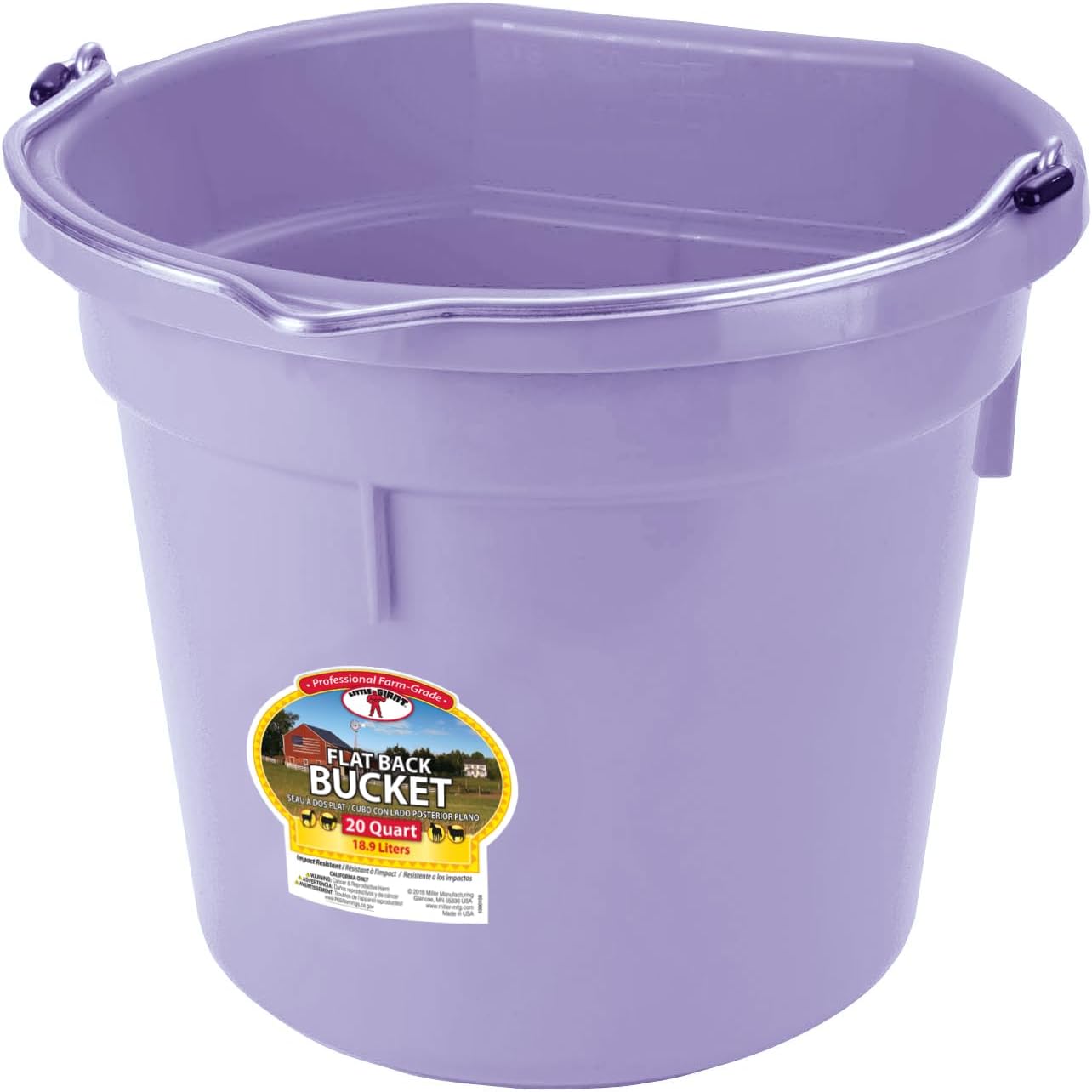 Little Giant® Flat Back Plastic Animal Feed Bucket with Metal Handle | Horse Feed & Water Bucket | 20 Quarts | Lavender