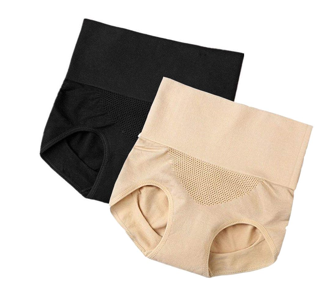 nyamah sales Cotton High Waist Panties Tummy Control Underwear Ladies Briefs Shapewear Double Layer Half Body Shaper Underwear for Women - 2pc (Black + Skin) Free Size.-picture-39