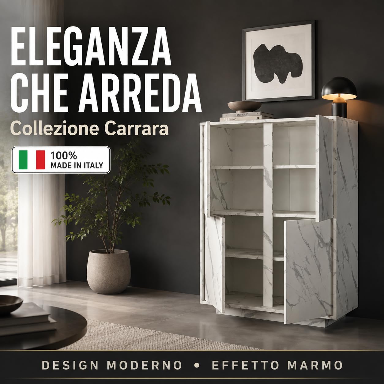 Web Convenienza Madia con 4 Ante Made in Italy – Credenza Contenitore Collezione Carrara per Soggiorno Cucina Ingresso Sala da Pranzo Mobile Design moderno originale Marmo Nero