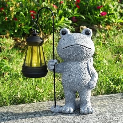 PAETAE Garden Statue Frog Outdoor Decor, Solar Patio Garden Sculptures & Statues, Resin Decor Gift for Women, Mom, Grandma, Stone