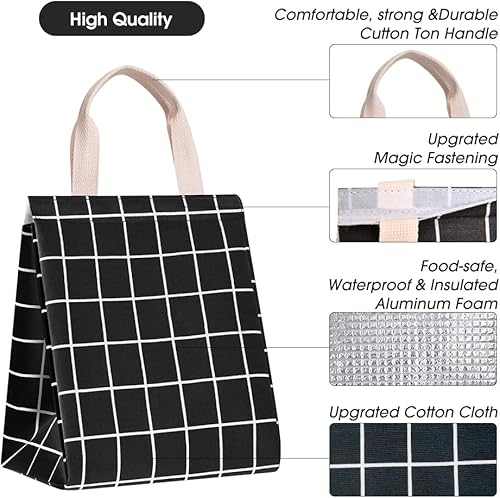 Miniatura 5 de HOMESPON Lonchera reutilizable con aislamiento, tela de lona con papel de aluminio, bolsa de almuerzo para mujeres, hombres, oficina (cuadros negros)
