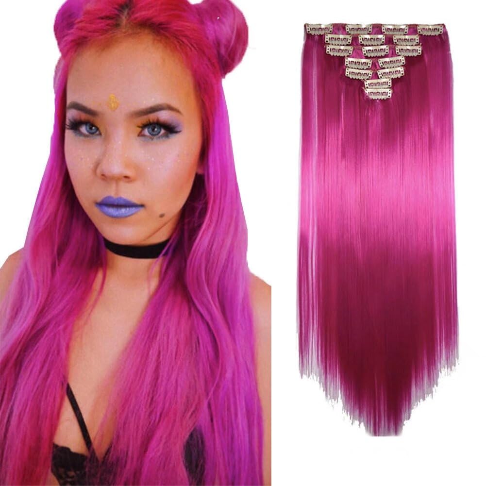 LaLuLoLi 22" 100g Straight Synthetic Hairpiece #8D Shocking Pink Color Hair Extension Clip in 7Pcs Full Head 16 Clips ins on Hair Extensions Hairpieces Wig for Women Party Cosplay