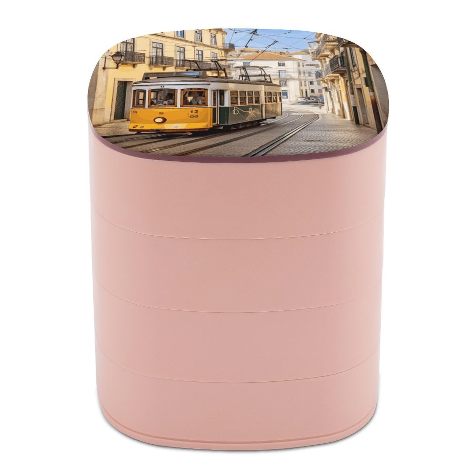 VstaDank Lisbon Tram Jewelry Organizer 4-Layer Rotating Travel Jewelry Tray Case with Lid for Bracelets Rings Bracelets Small Jewelry Storage Box Earring Holder for Women
