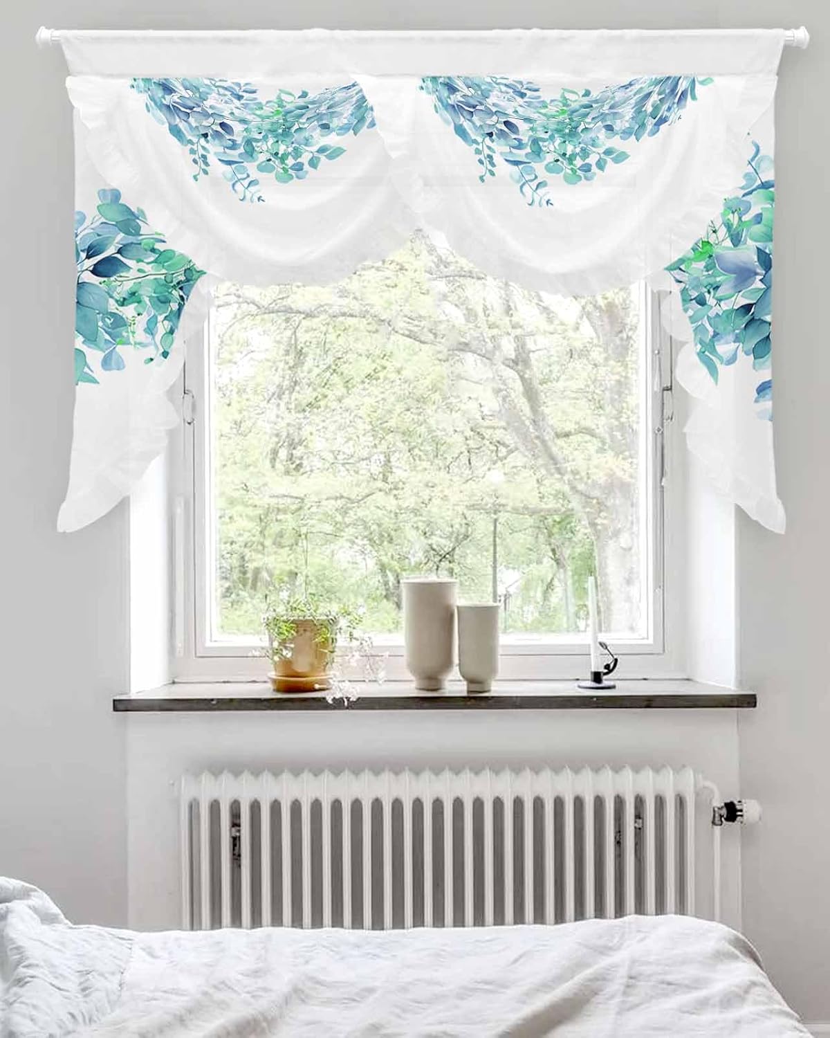 Waterfall Sheer Curtains Valance for Windows, Teal Eucalyptus Leaves Swag Valances for Living Room, Spring Plant Leaf Rod Pocket Voile Ruffle Waterfall Scarf Valance for Bedroom, 59x41.3 Inch