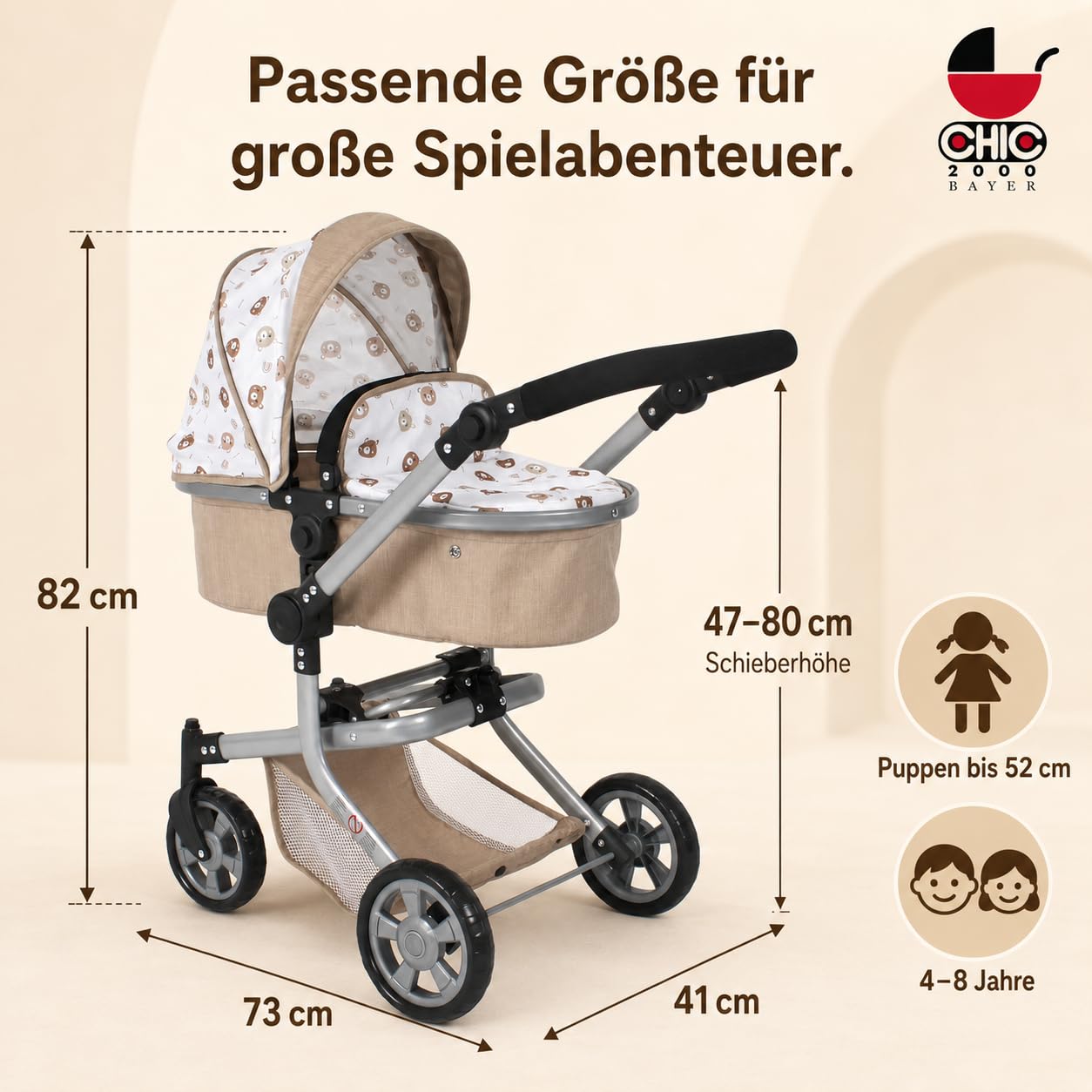 Bayer Chic 2000 Wózek dla lalek Mika, wózek 2 w 1, dla dzieci w wieku od 4 do 8 lat, wózek dla lalek do 52 cm, beżowe misie | Duży wózek dla lalek kombi 2 w 1 z regulowanym fotelem sportowym dla lalek do 52 cm. Beżowy miś, uchwyt 47-80 cm, od 3 lat