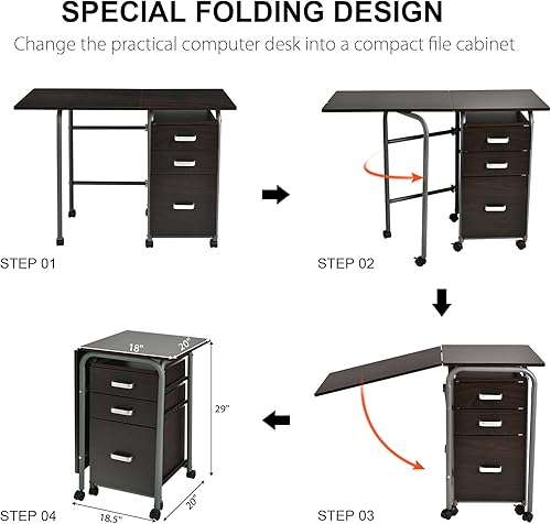 Miniatura 7 de Tangkula Escritorio plegable para computadora con 3 cajones de almacenamiento, escritorio de oficina en casa móvil, escritorio de estudio con ruedas