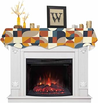 Fireplace Scarf Mid Century Abstract Geometric Nordic Style Mantel Scarf Fireplace Top Runner Mantle Scarves Cover, Retro Color Block Fireplace Mantle Table Runner for Party Holiday Home 90x17in