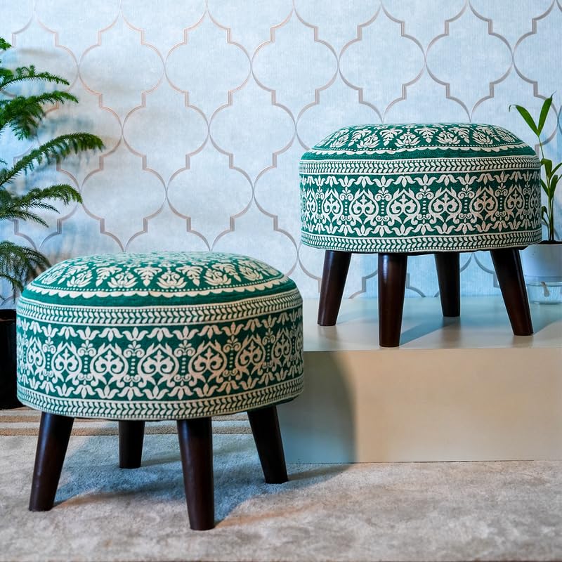 Image of Stool Ottoman Pouffes for Living Room, Kitchen, Home, Office Furniture with Soft Cotton Cushion Mudda Footrest Stool for Chair Sofa Bed Dressing Decor, Mandala Green (14 Inch Pack of 2)