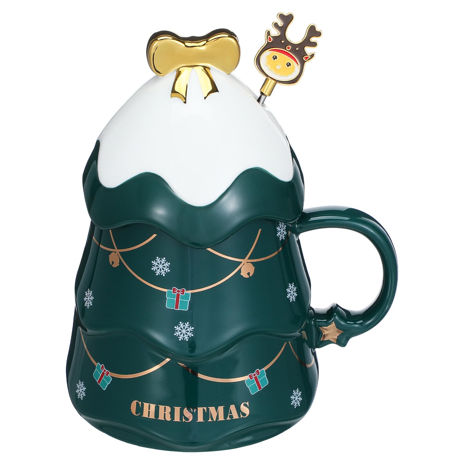 Taza de Cerámica Navideña Diseño de Árbol de Navidad Color Verde Tapa y Cuchara 1 Pieza Adecuado para Café Leche y Bebidas Calientes Fiestas y Hogar