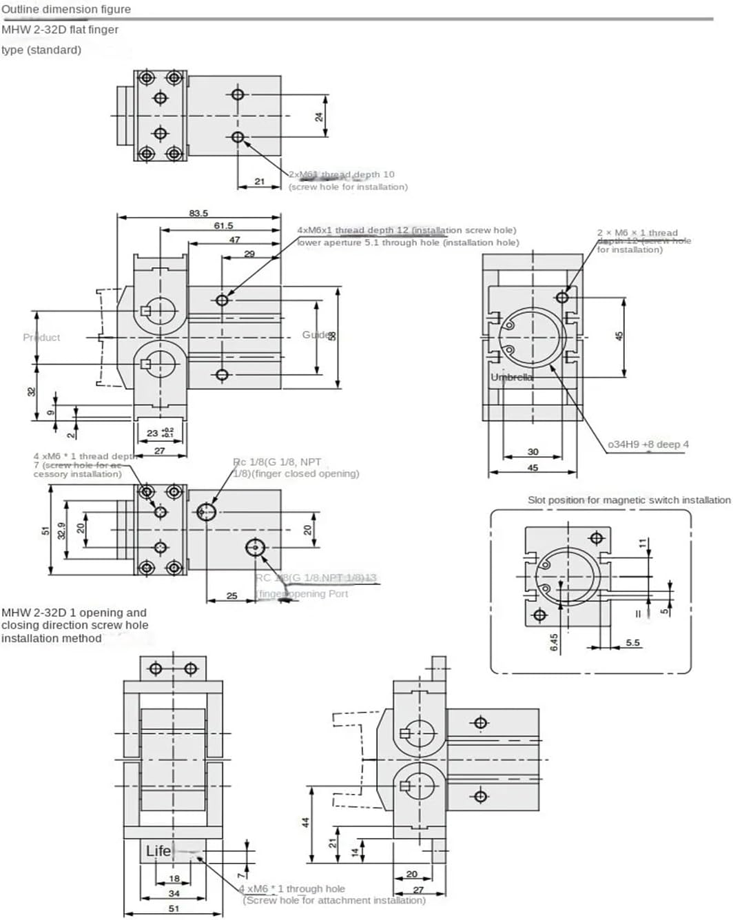 Gripper 180° Angular Type Rack Pinion Type CylinderMHW2-20D/D1 MHW2-25D/D1 MHW2-25D MHW2-32D/D1 MHW2-40D/D1 MHW2-50D(MHW2-20D)