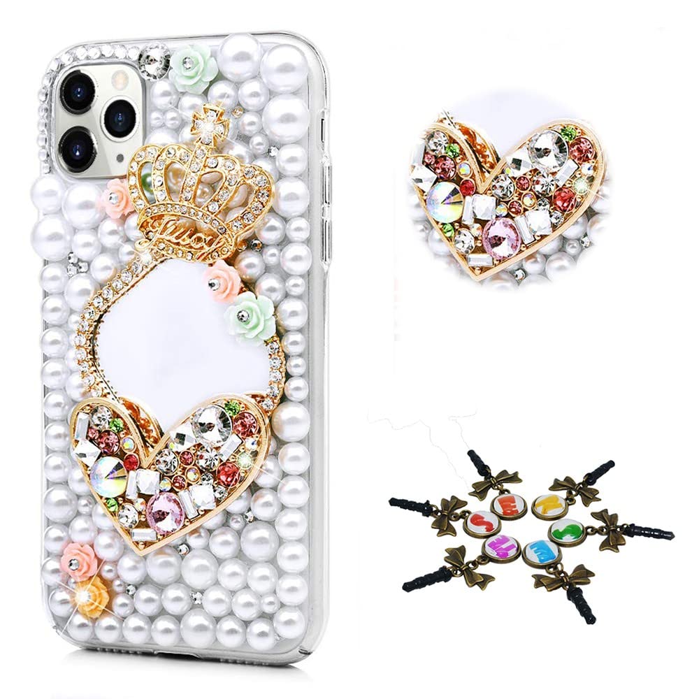 STENES Sparkle Phone Case Compatible with T-Mobile REVVL 6X Pro 5G Case - Stylish - 3D Handmade Bling Girls Crown Heart Mirror Floral Rhinestone Crystal Diamond Design Girls Women Cover - White
