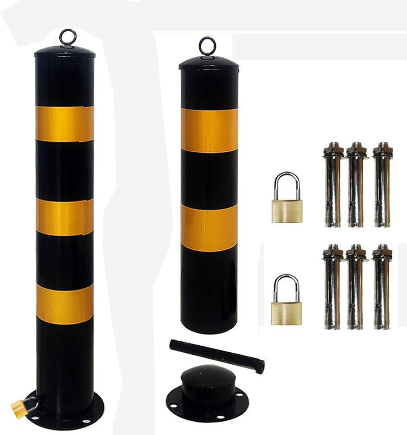 Driveway Safety Bollard Post, 2 Pack Steel Sidewalk Parking Barrier with 2 Locks & 6 Anchor Bolts