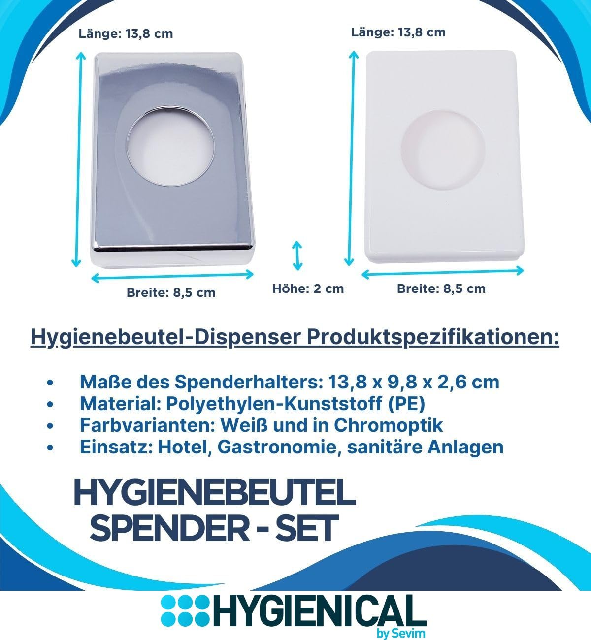 PE-Hygienebeutel Set mit Kunststoffspender, Hygienebeutelspender für Damenbinden und Tampons, hygienisch und diskret, in Weiß und Chrom (Weiß)