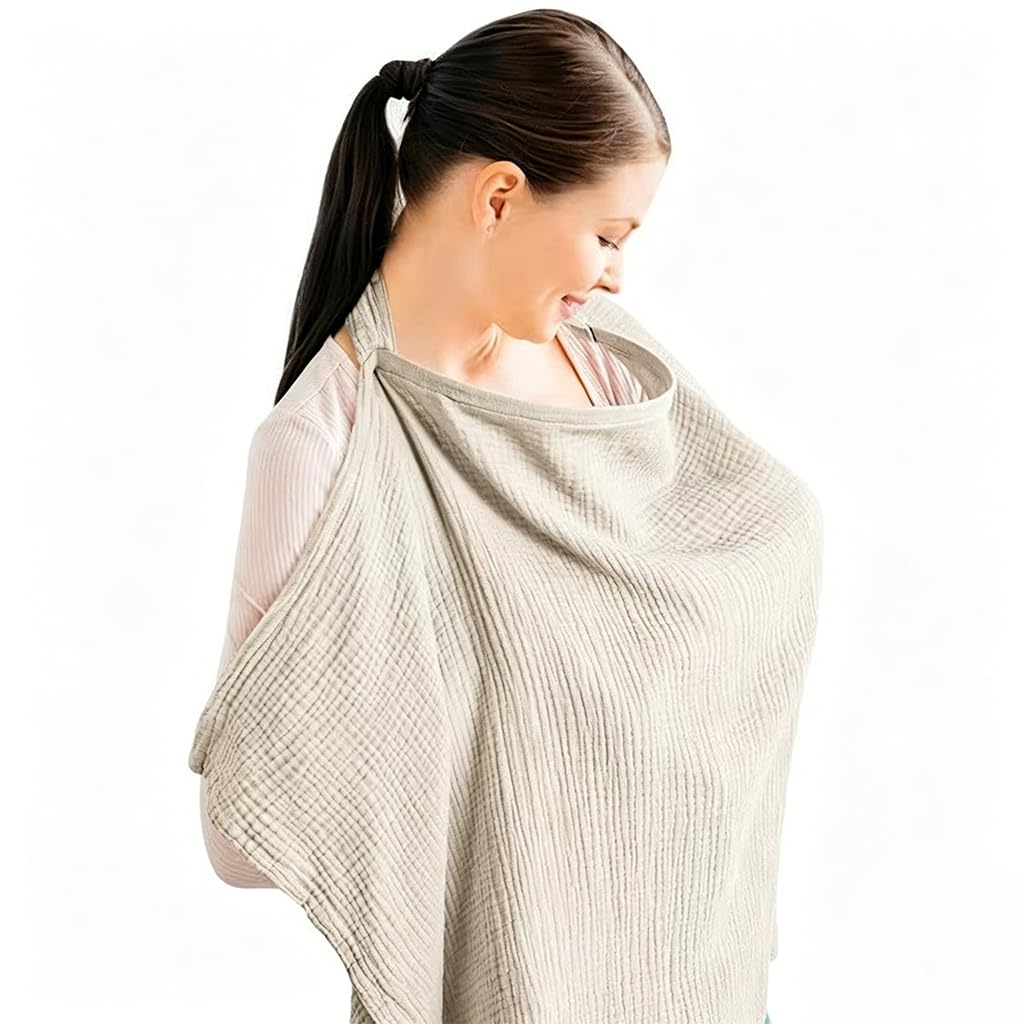 Tablier Allaitement, Couverture d'Allaitement en Mousseline de Coton Douce et Respirante, Cape Allaitement avec Anneau Rigide Ajustable, Housse d'Allaitement Multifonctionnelle, Kaki 95x75 cm