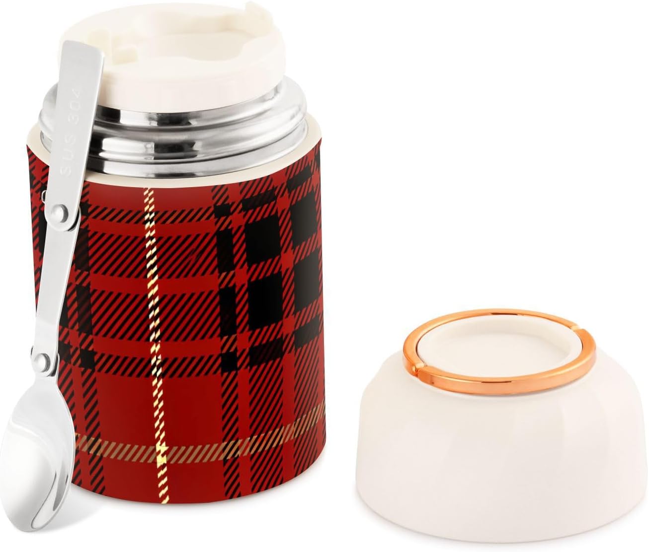 Vintage Red Plaid Check Vacuum Insulated Food Jar, 17oz Stainless Steel Lunch Container with Foldable Spoon, Hot & Cold Thermo Soup Jar