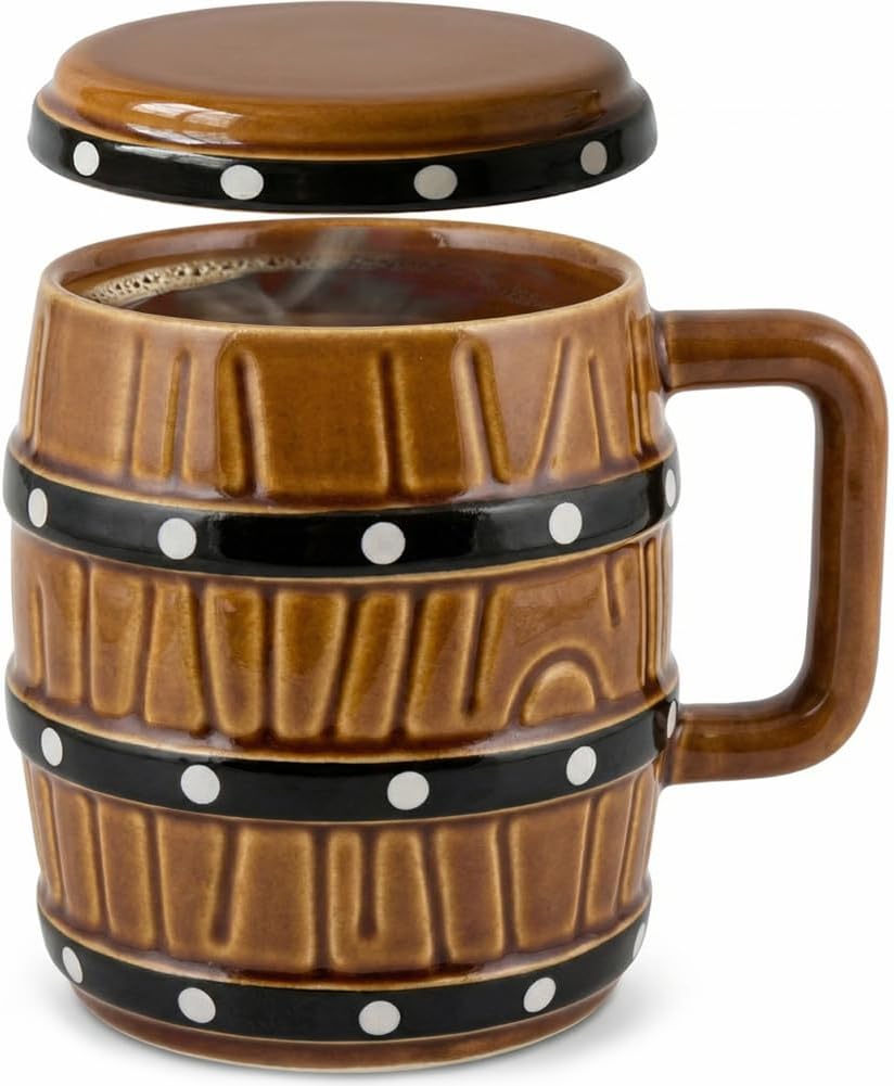 shiningsoul Heavy Duty Pirate Barrel Mug 14oz – Thick Ceramic Coffee Cup with Lid & Handle, Anime Inspired Imitation wood texture for Tea, Coffee, Ale – 400ml Novelty Gift for Fans