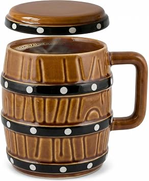 shiningsoul Heavy Duty Pirate Barrel Mug 14oz Thick Ceramic Coffee Cup with Lid & Handle, Anime Inspired Imitation wood texture for Tea, Coffee, Ale 400ml Novelty Gift for Fans