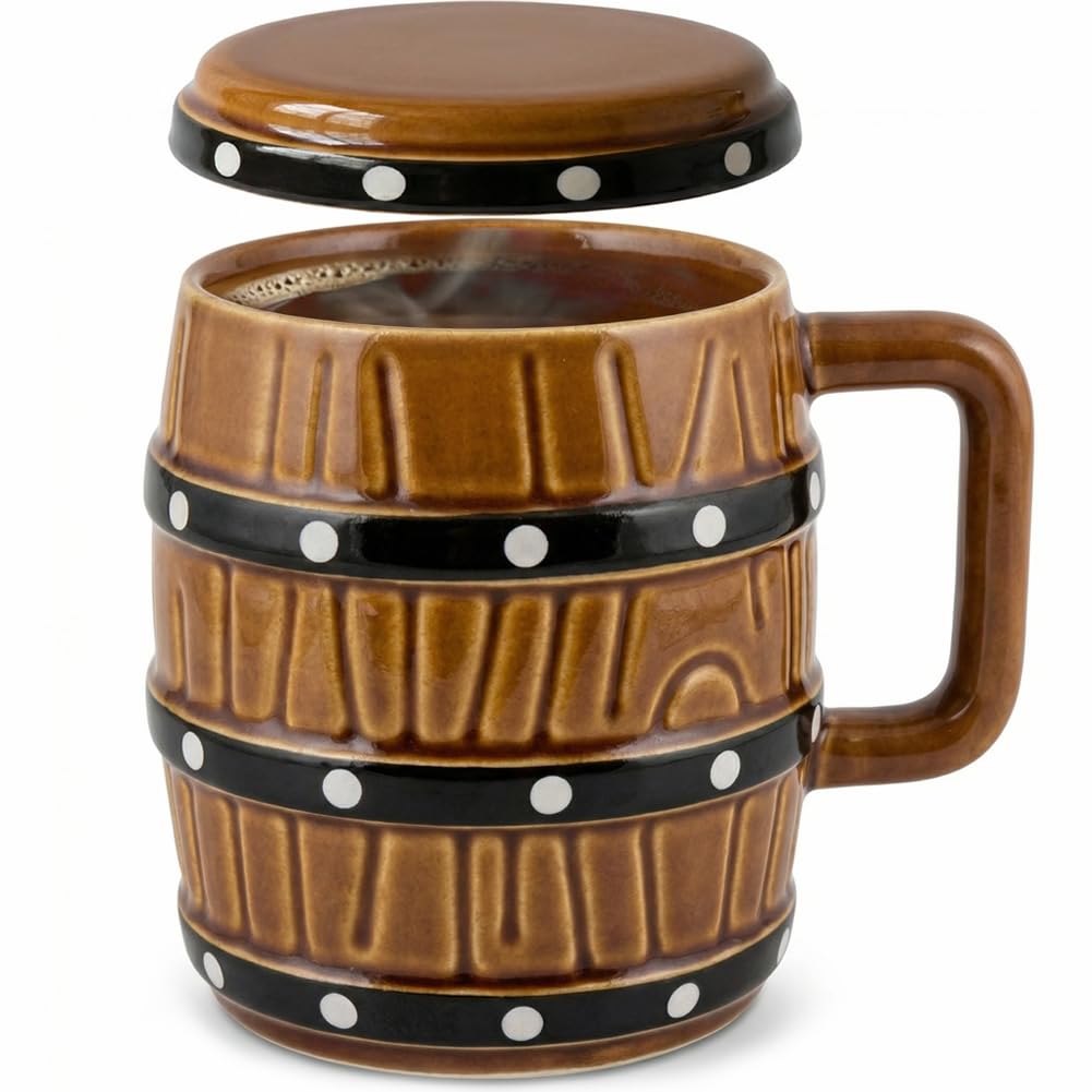 Amazon.com: shiningsoul Heavy Duty Pirate Barrel Mug 14oz  Thick Ceramic  Coffee Cup with Lid & Handle, Anime Inspired Imitation wood texture for  Tea, Coffee, Ale  400ml Novelty Gift for Fans :