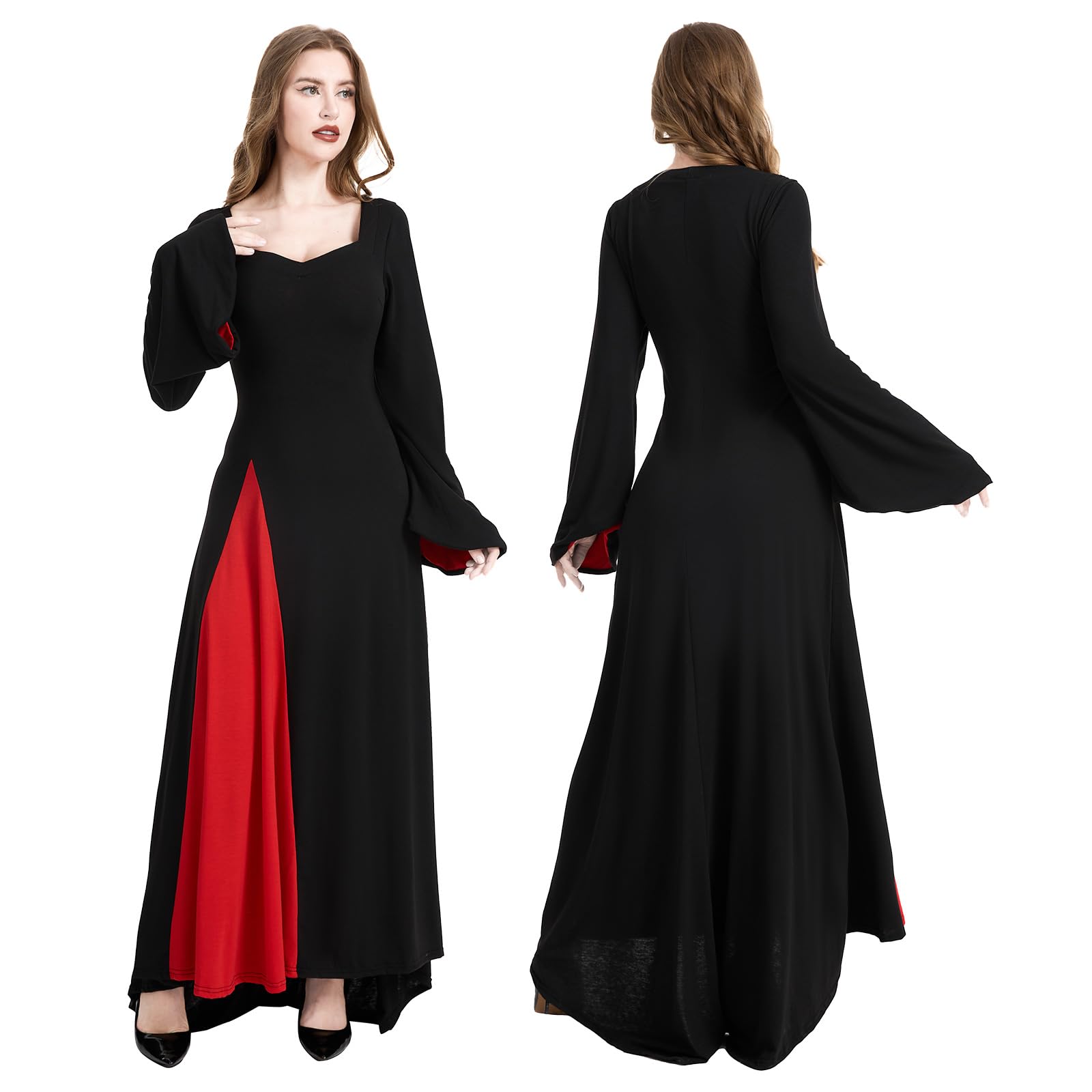 JDFAIJEAL Women's Gothic Vampire Dress, Black Long Sleeve Maxi Dress with Red Lining - Image 2