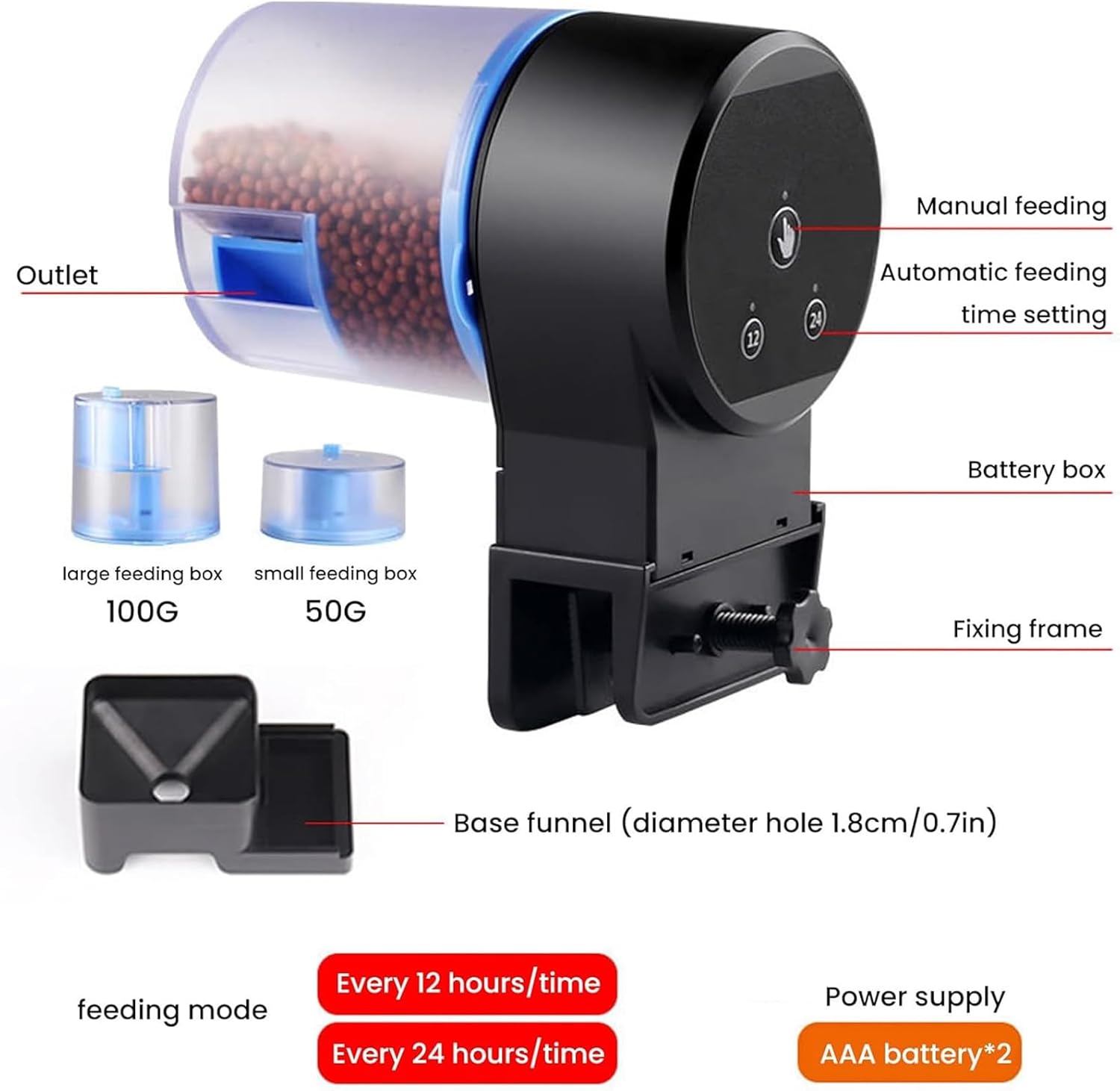 ERICAT Auto Fish Feeder for Aquarium, Electric Fish Food Dispenser with LED Display Screen, Automatic Timed Feeding and 2 Gear Mode Adjustable, Two Fixed Methods, for Outdoor Fish Ponds, Fish Farms