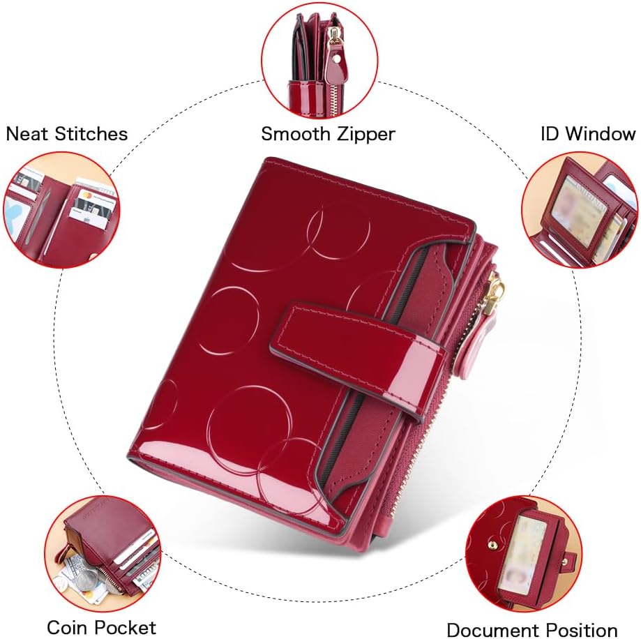 Noble and elegant women's leather wallet, sequins, detachable ID card holder, short three fold style, zipper and snap closure, RFID shielding to protect credit cards, foldable wallet (Wine Red)