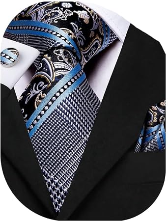 Dubulle Mens Paisley Floral Silk Necktie Striped Necktie and Pocket Square Set Wedding Business