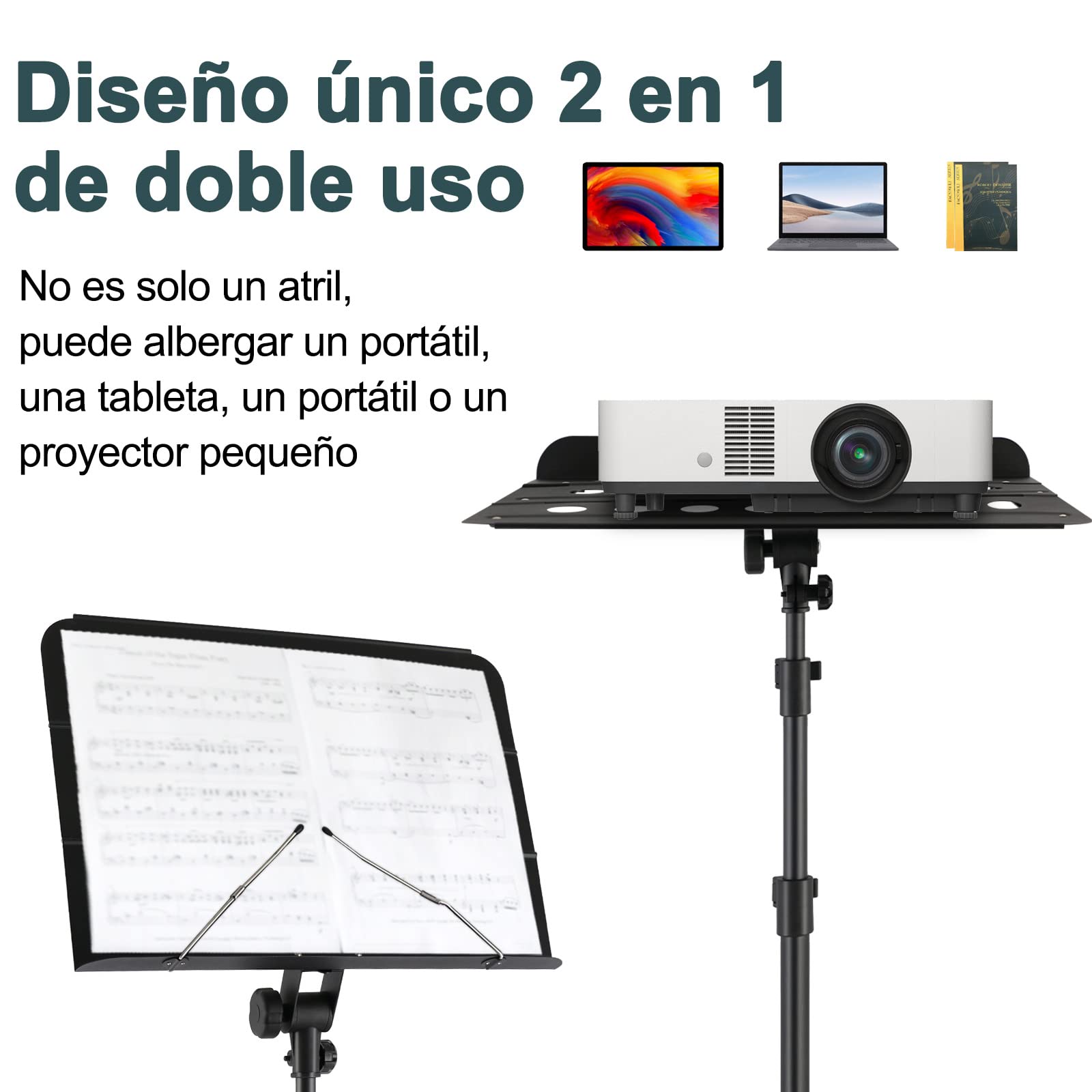 EASTROCK Atril Musica Extensible & Atril Sobremesa 2-EN-1 Ajustable de 106-180cm Soporte para Partituras Plegable con Soporte para Teléfono Móvil