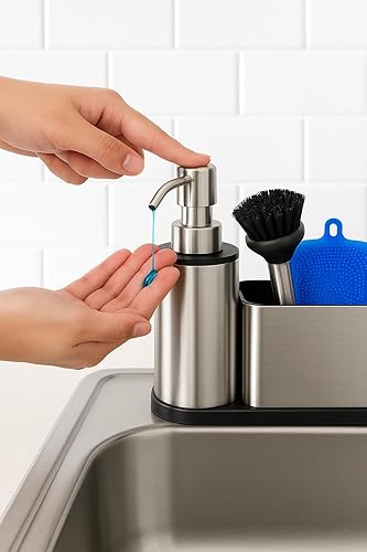 Miniatura 6 de NEKEET Juego de dispensador de jabón de cocina todo en uno con soporte para esponja, dispensador de jabón para platos de acero inoxidable para